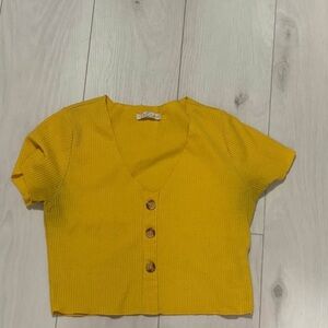 Yellow Ribbed Button-Up Crop Top